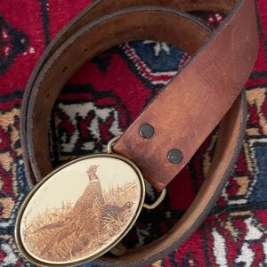 Vintage Barlow Solid Brass Pheasant Buckle leather belt
